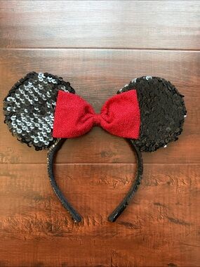 Disney Black Sequin Minnie Ears Headband with Red Bow